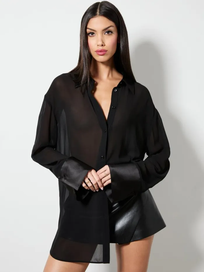 Alice Olivia FINELY SHEER OVERSIZED BUTTON DOWN Black Women Tops