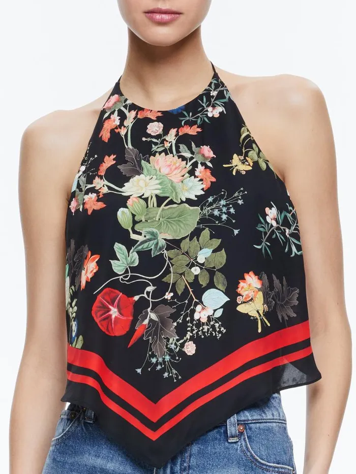 Alice Olivia FRENCHIE HANDKERCHIEF HALTER TOP Blush Kiss Black Women Tops
