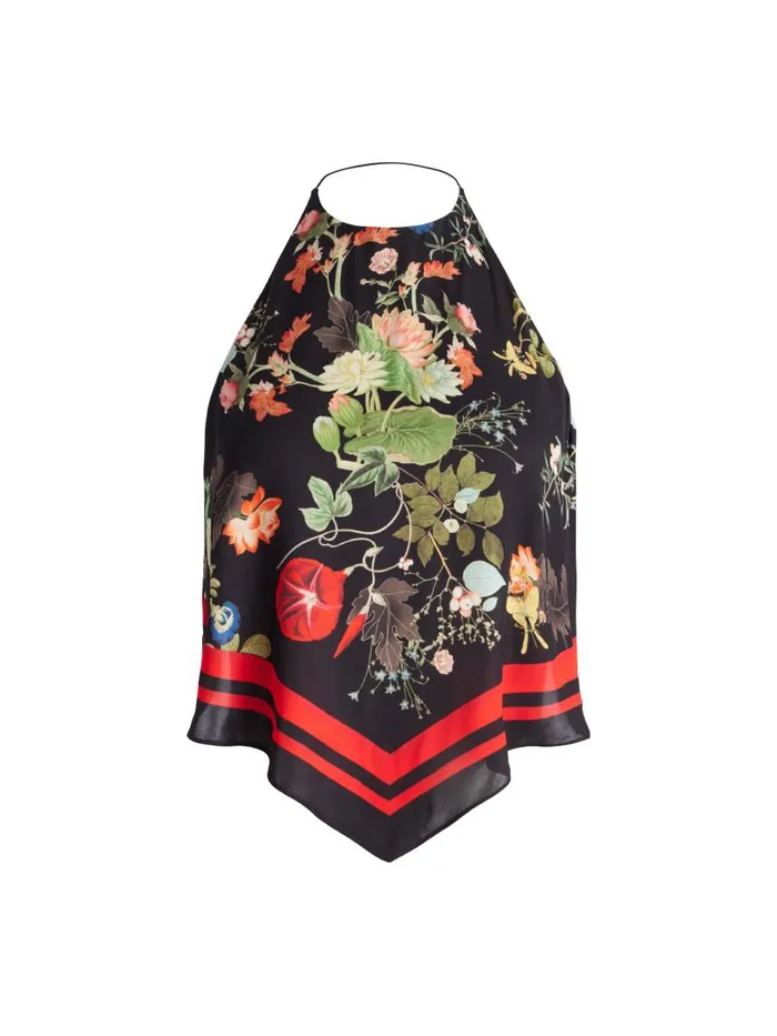 Alice Olivia FRENCHIE HANDKERCHIEF HALTER TOP Blush Kiss Black Women Tops