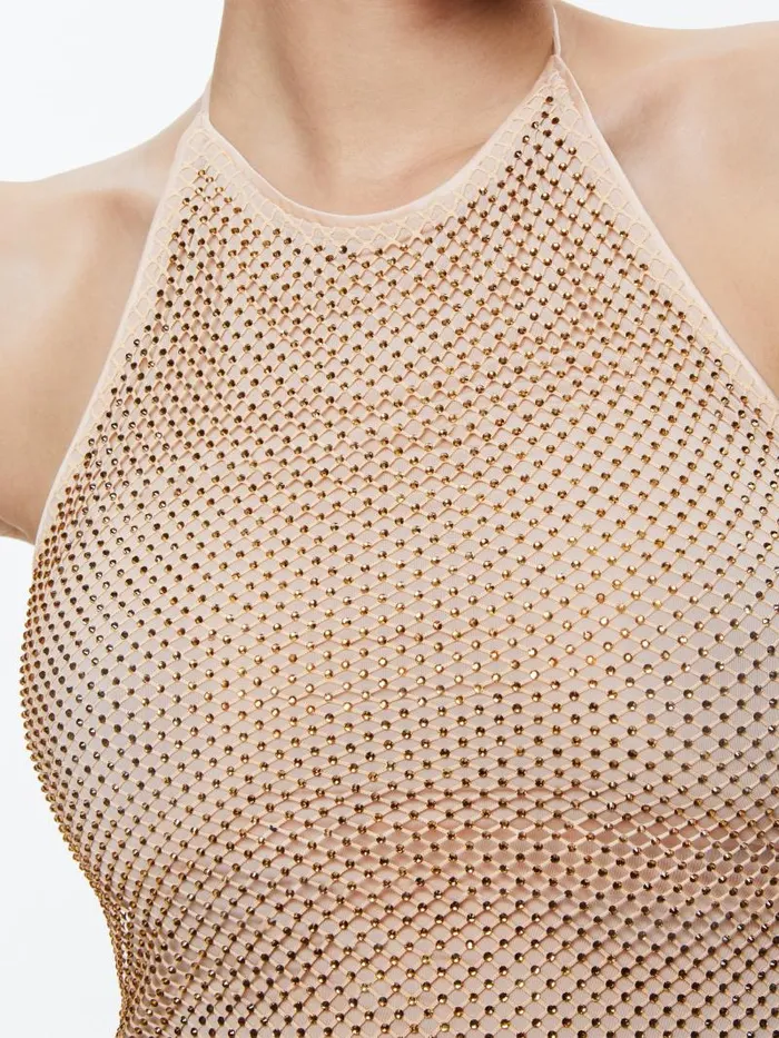 Alice Olivia JAYMEE EMBELLISHED TIE NECK CROPPED HALTER TOP Almondgold Women Tops