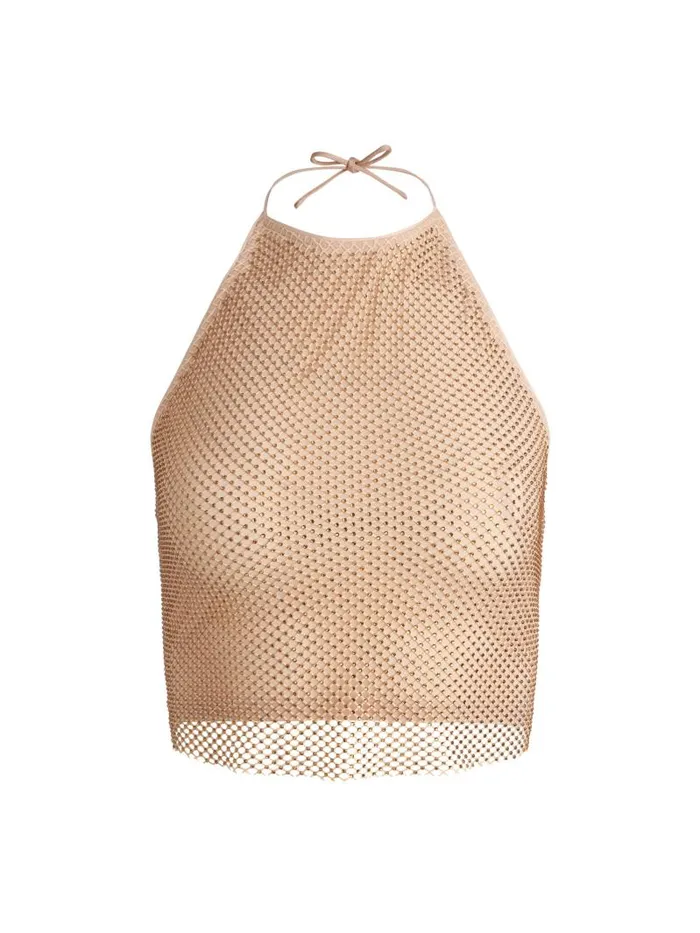 Alice Olivia JAYMEE EMBELLISHED TIE NECK CROPPED HALTER TOP Almondgold Women Tops