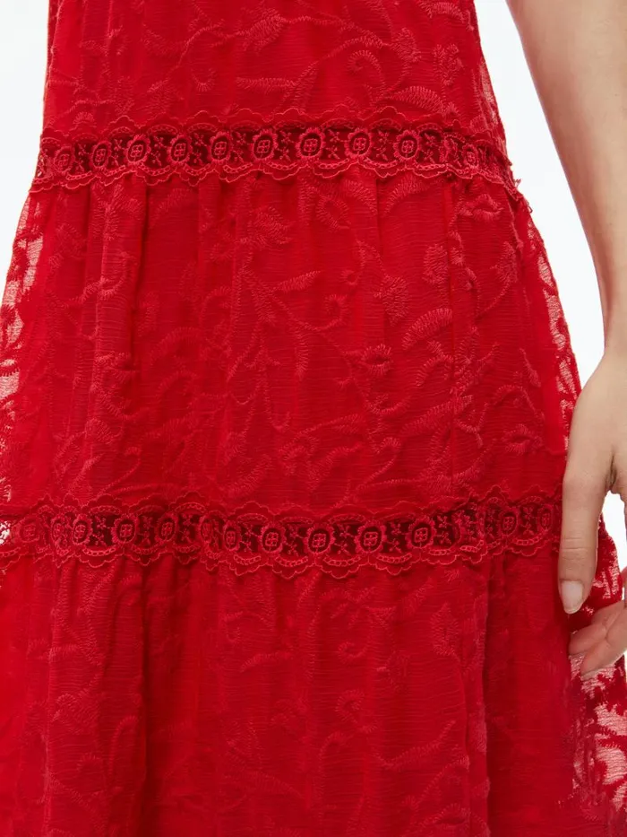 Alice Olivia MAE HALTER TIERED MAXI DRESS Bright Ruby Women Dresses