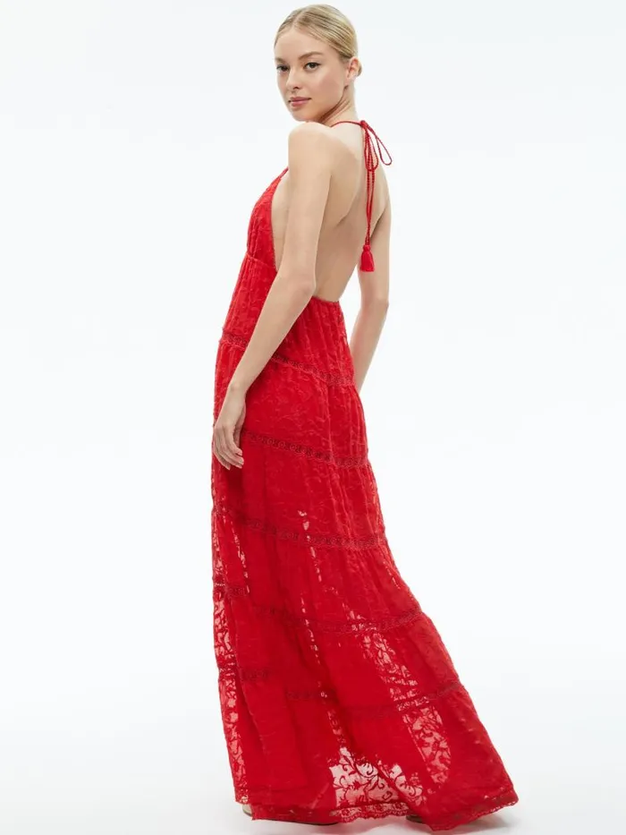 Alice Olivia MAE HALTER TIERED MAXI DRESS Bright Ruby Women Dresses