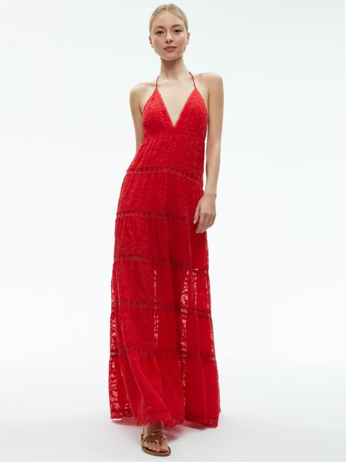 Alice Olivia MAE HALTER TIERED MAXI DRESS Bright Ruby Women Dresses