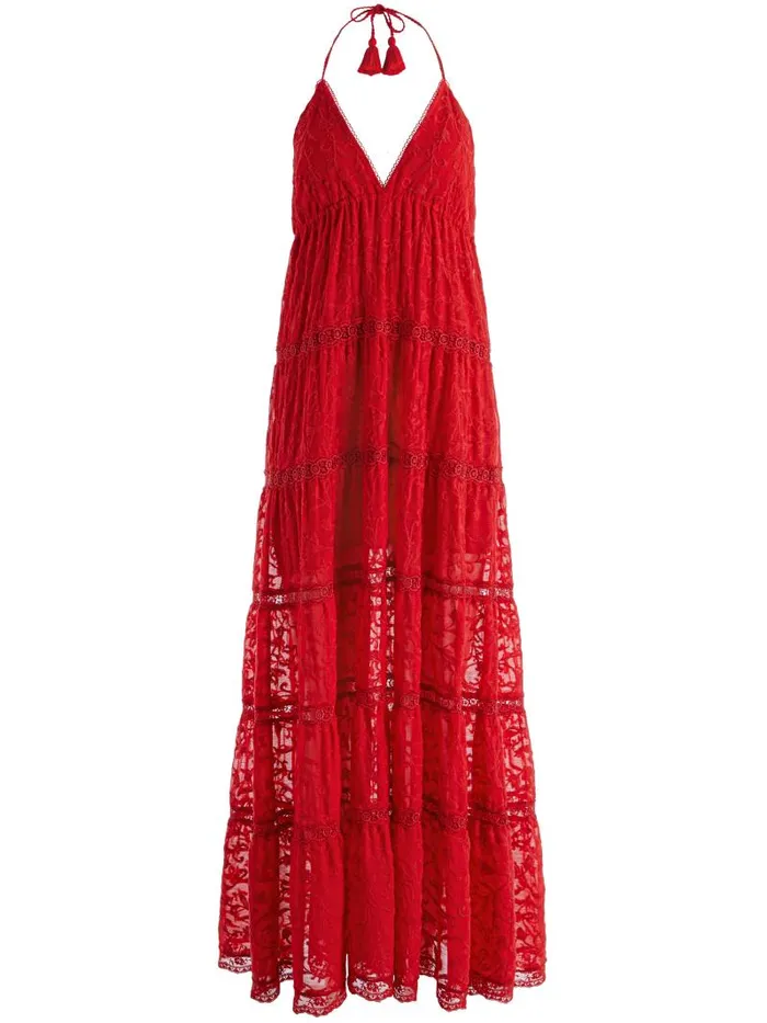 Alice Olivia MAE HALTER TIERED MAXI DRESS Bright Ruby Women Dresses