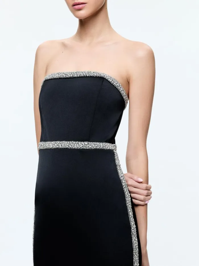 Alice Olivia MARILYNN STRAPLESS MAXI DRESS WITH CRYSTAL RACING STRIPE Black Women Dresses