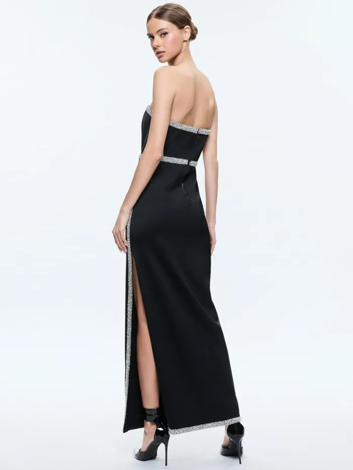 Alice Olivia MARILYNN STRAPLESS MAXI DRESS WITH CRYSTAL RACING STRIPE Black Women Dresses