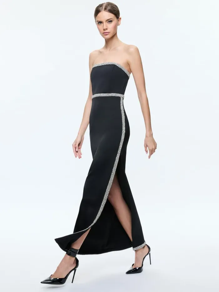 Alice Olivia MARILYNN STRAPLESS MAXI DRESS WITH CRYSTAL RACING STRIPE Black Women Dresses