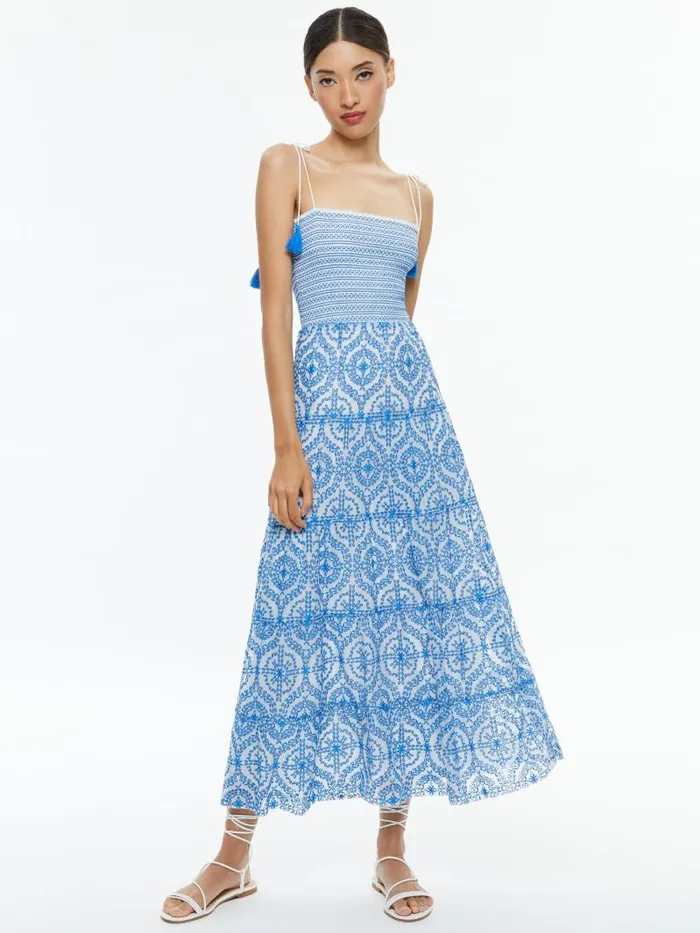 Alice Olivia MARNA TIERED MIDI TIE STRAP DRESS Off Whitefrench Blue Women Dresses