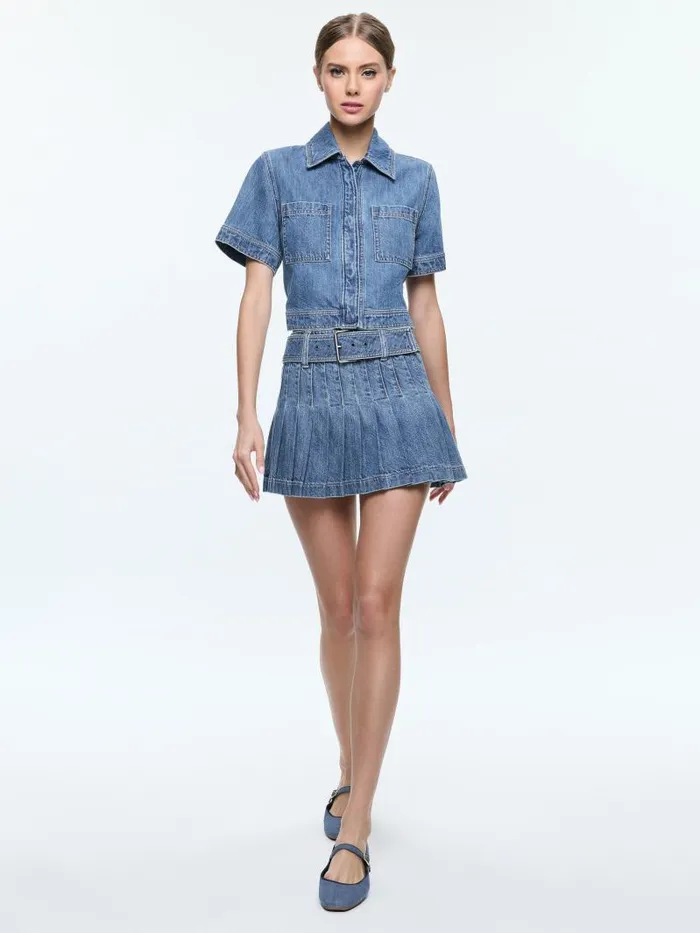 Alice Olivia MERA LOW RISE PLEATED SKIRT WITH BUCKLE Avery Blue Women Skirts