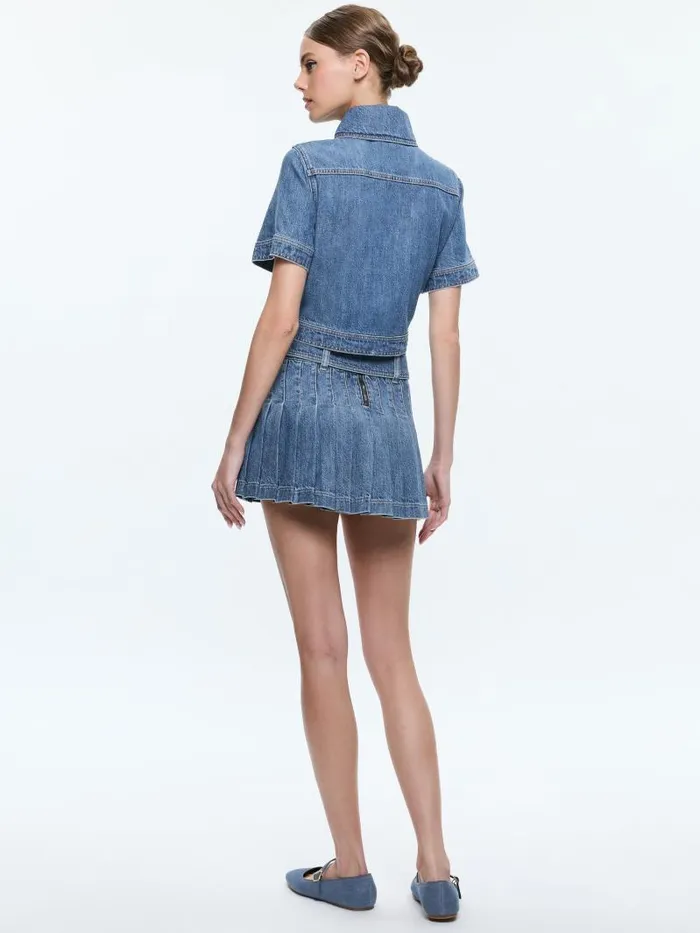 Alice Olivia MERA LOW RISE PLEATED SKIRT WITH BUCKLE Avery Blue Women Skirts