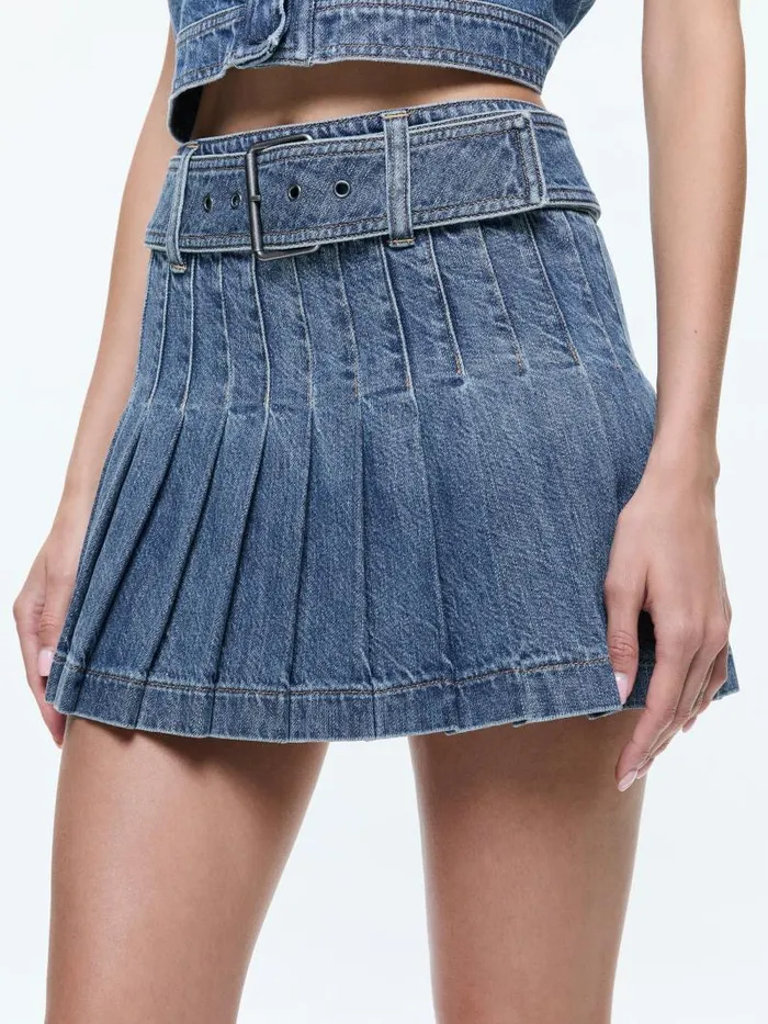 Alice Olivia MERA LOW RISE PLEATED SKIRT WITH BUCKLE Avery Blue Women Skirts