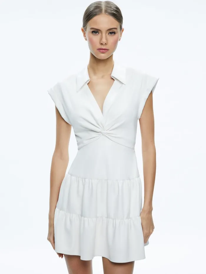 Alice Olivia MILA VEGAN DEEP VNECK TWIST FRONT MINI DRESS Off White Women Dresses