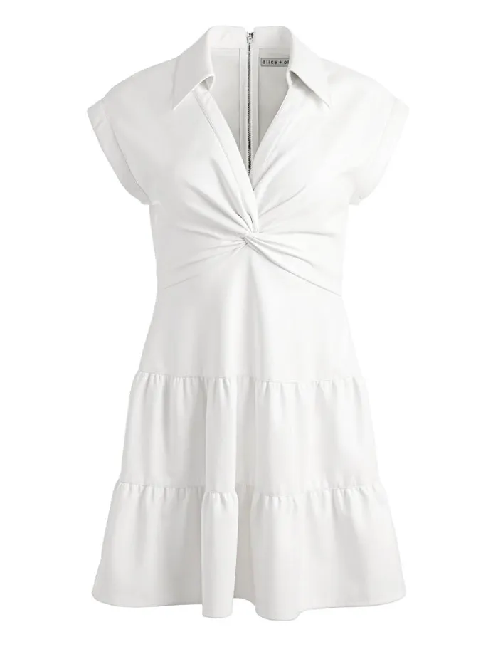 Alice Olivia MILA VEGAN DEEP VNECK TWIST FRONT MINI DRESS Off White Women Dresses