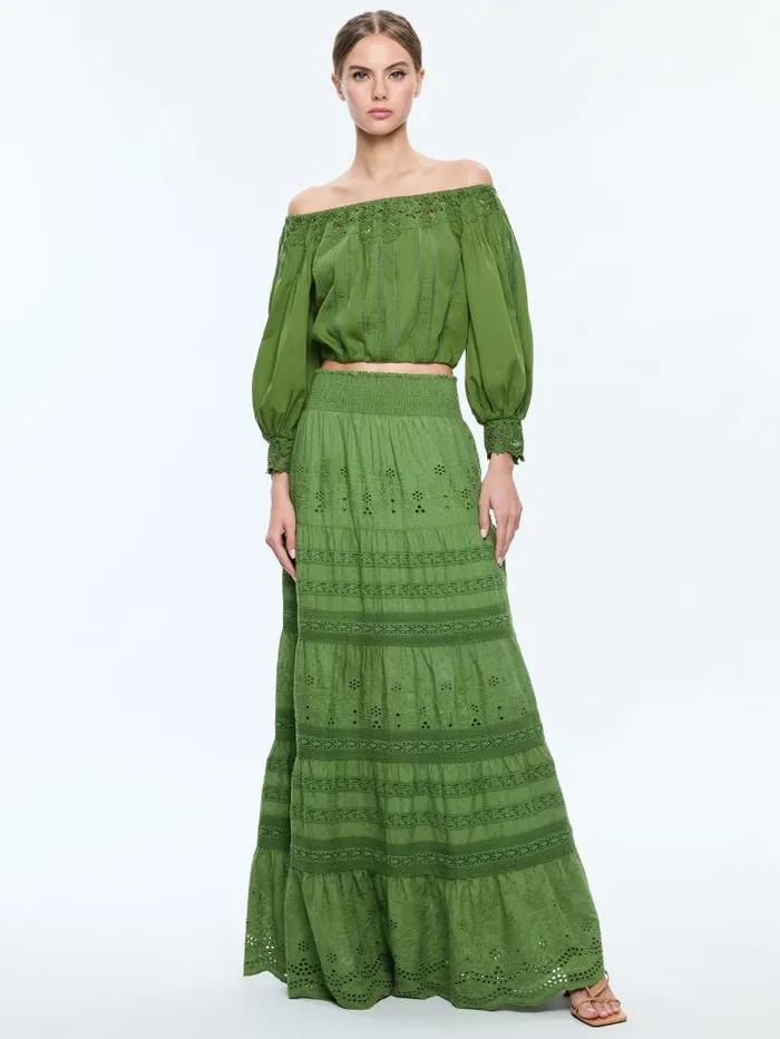 Alice Olivia NAN EMBROIDERED OFF THE SHOULDER BLOUSE Avocado Women Tops