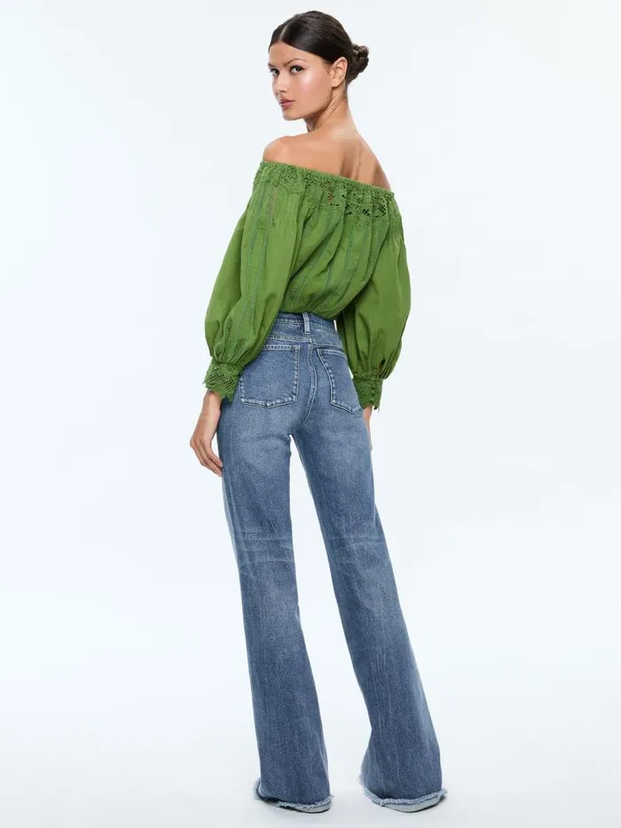 Alice Olivia NAN EMBROIDERED OFF THE SHOULDER BLOUSE Avocado Women Tops