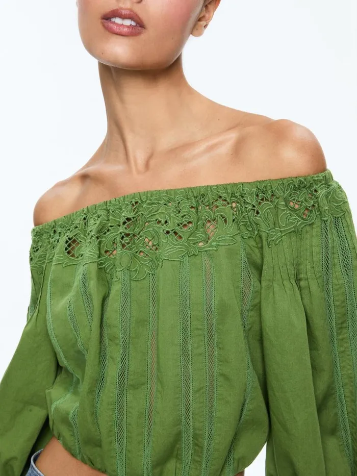 Alice Olivia NAN EMBROIDERED OFF THE SHOULDER BLOUSE Avocado Women Tops