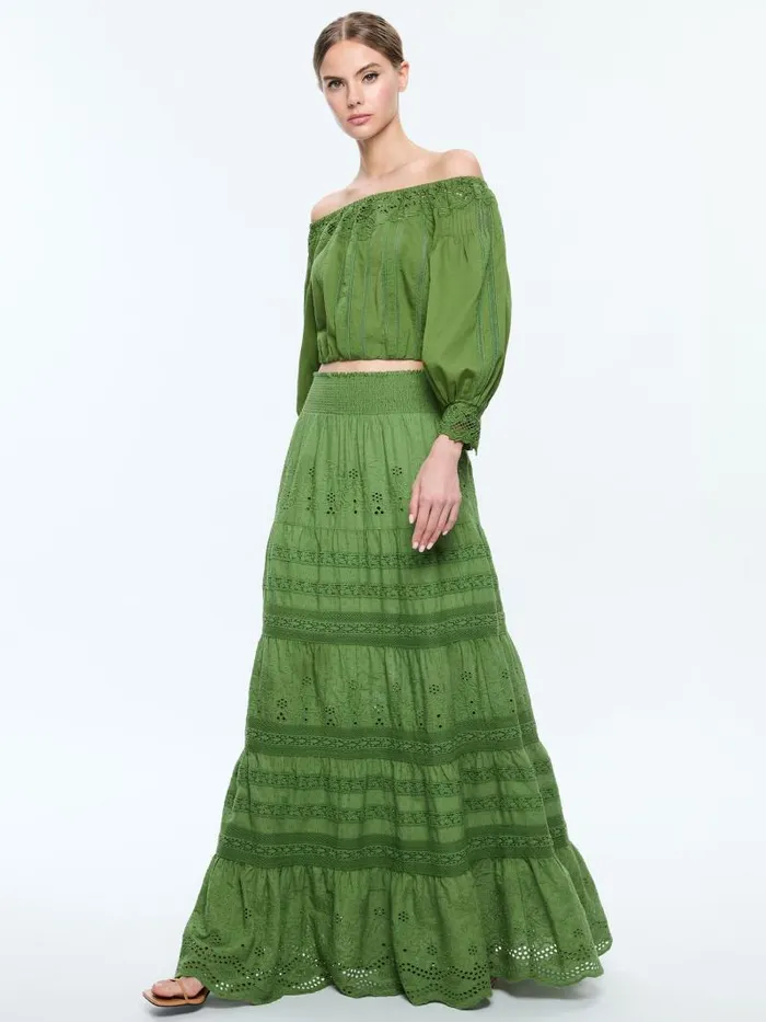 Alice Olivia NAN EMBROIDERED OFF THE SHOULDER BLOUSE Avocado Women Tops