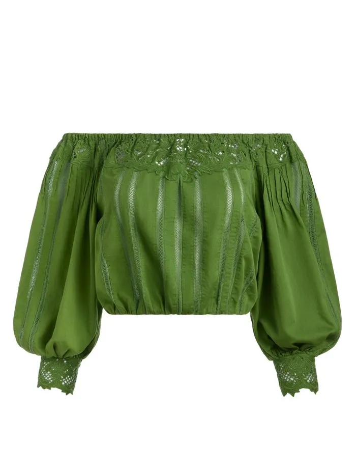 Alice Olivia NAN EMBROIDERED OFF THE SHOULDER BLOUSE Avocado Women Tops