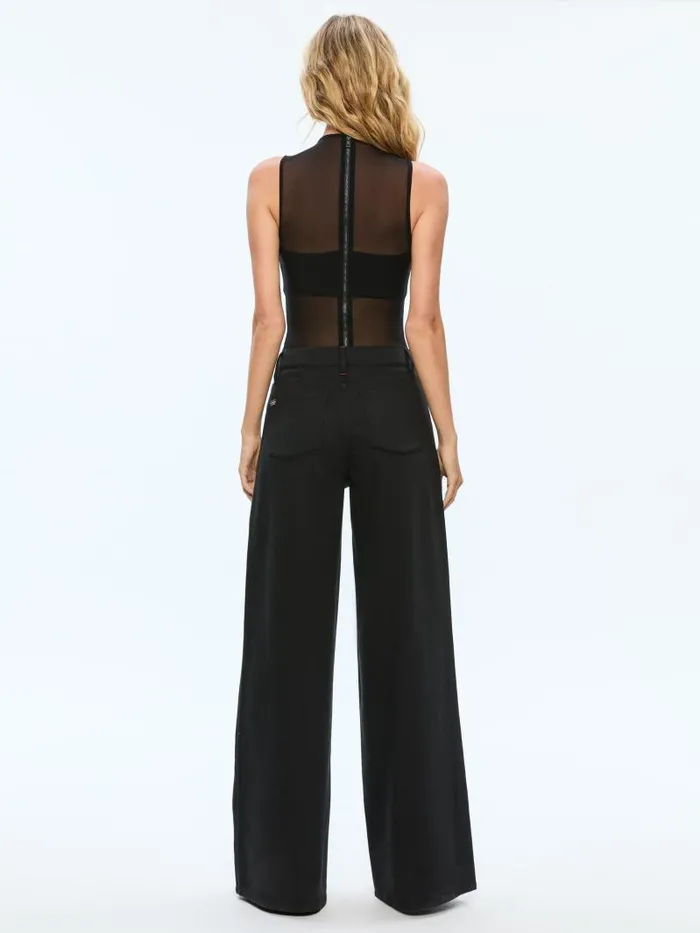 Alice Olivia NICHOL HIGH NECK SLEEVELESS MESH BODYSUIT Black Women Tops