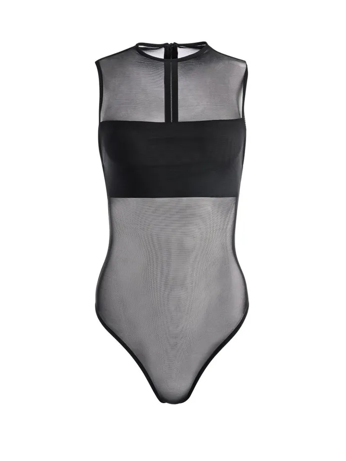 Alice Olivia NICHOL HIGH NECK SLEEVELESS MESH BODYSUIT Black Women Tops