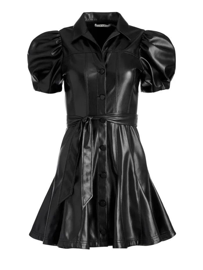 Alice Olivia OFRA VEGAN LEATHER MINI DRESS WITH TIE BELT Black Women Dresses
