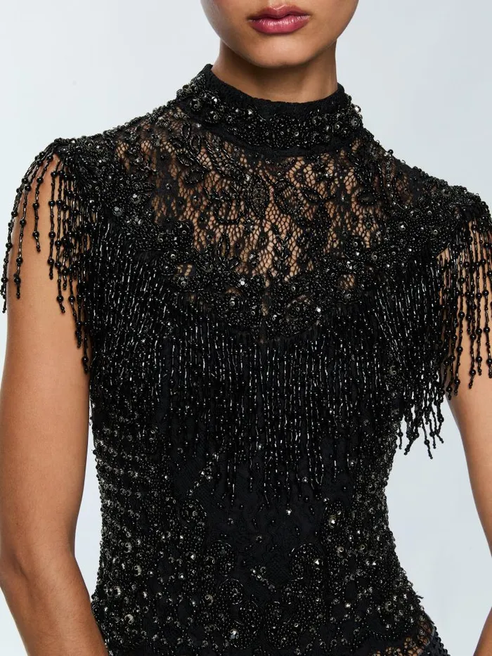 Alice Olivia PRIA EMBELLISHED MOCK NECK FRINGE TOP Black Women Tops