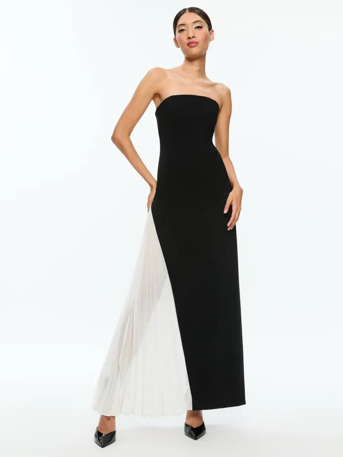Alice Olivia RETHA STRAPLESS MAXI DRESS WITH PLEATED GODET Blackoff White Women Dresses