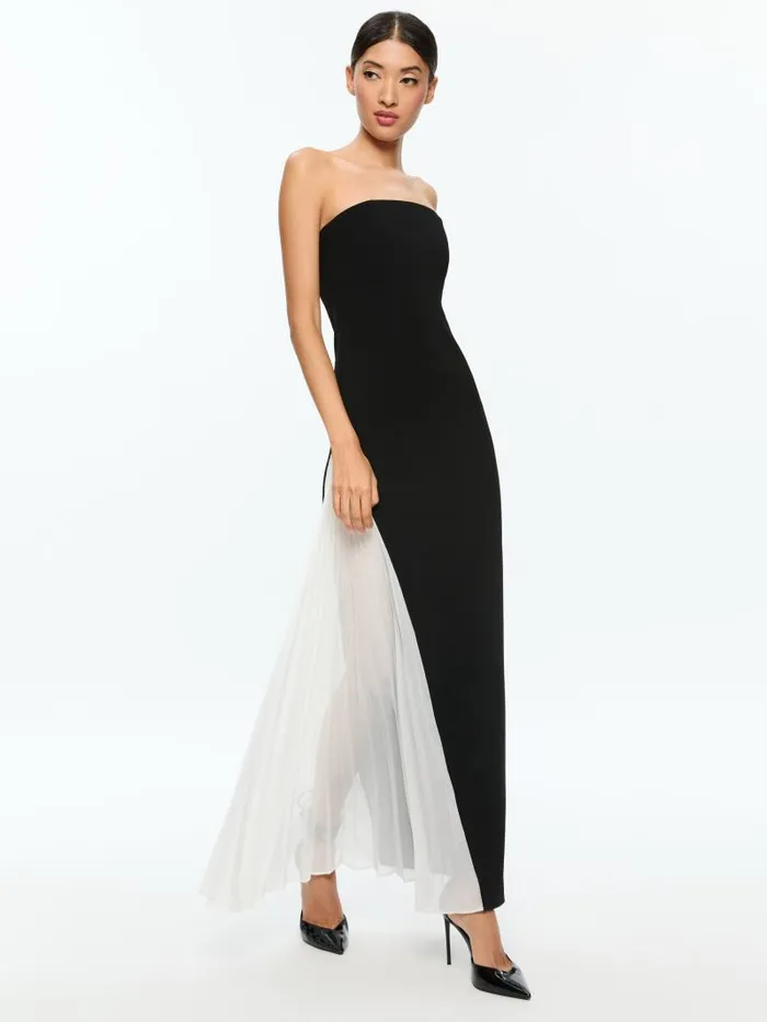 Alice Olivia RETHA STRAPLESS MAXI DRESS WITH PLEATED GODET Blackoff White Women Dresses