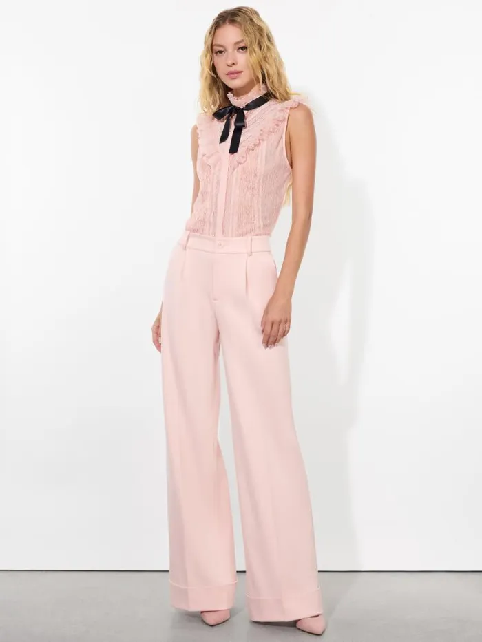Alice Olivia RHEBA MOCK NECK SLEEVELESS RUFFLE BLOUSE WITH BOW Off White Women Tops