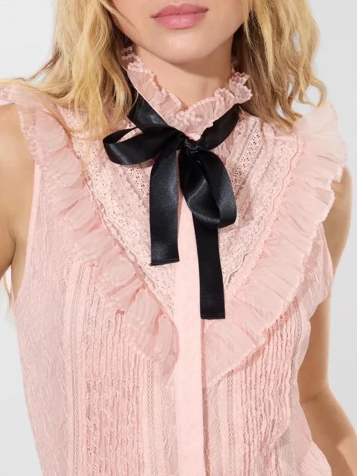 Alice Olivia RHEBA MOCK NECK SLEEVELESS RUFFLE BLOUSE WITH BOW Off White Women Tops