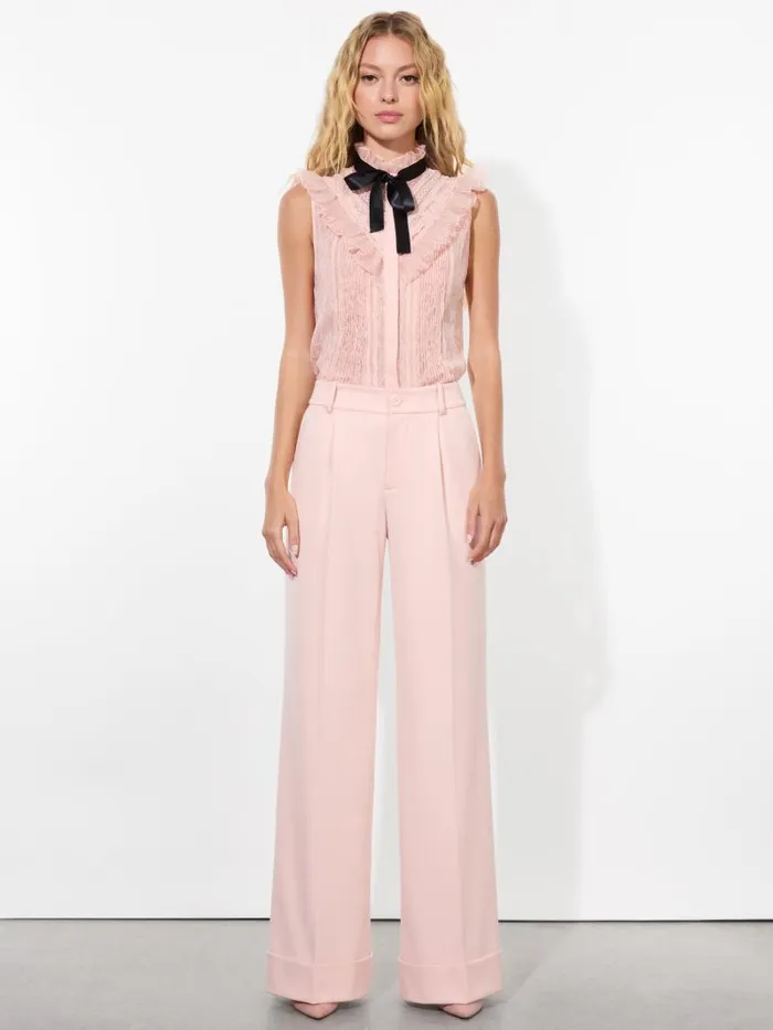 Alice Olivia RHEBA MOCK NECK SLEEVELESS RUFFLE BLOUSE WITH BOW Off White Women Tops
