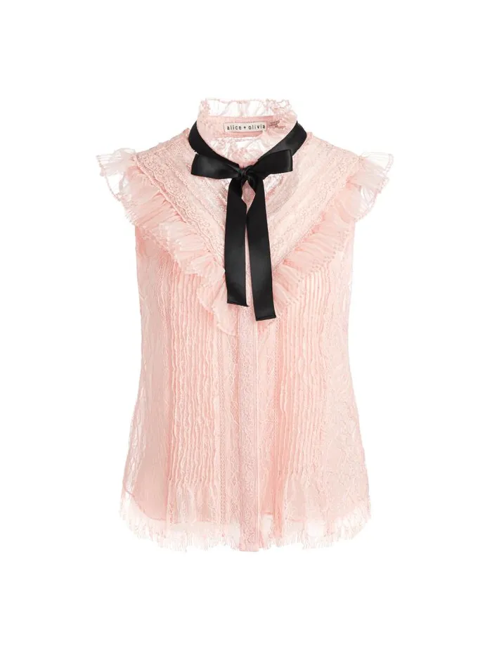 Alice Olivia RHEBA MOCK NECK SLEEVELESS RUFFLE BLOUSE WITH BOW Off White Women Tops