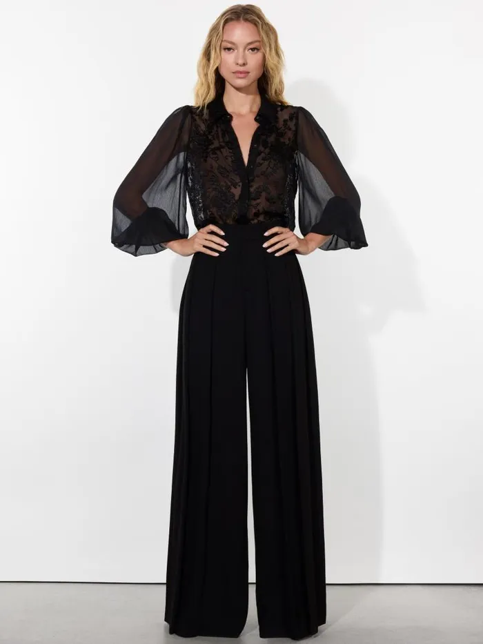 Alice Olivia ROANNE BLOUSON SLEEVE BUTTON DOWN Gardenia Black Women Tops
