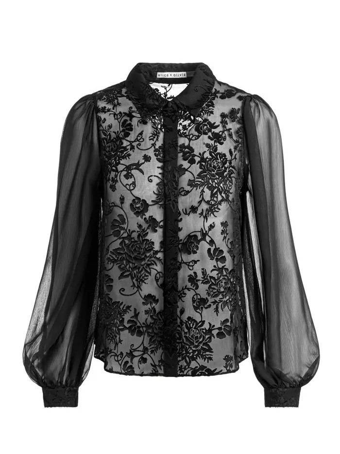 Alice Olivia ROANNE BLOUSON SLEEVE BUTTON DOWN Gardenia Black Women Tops