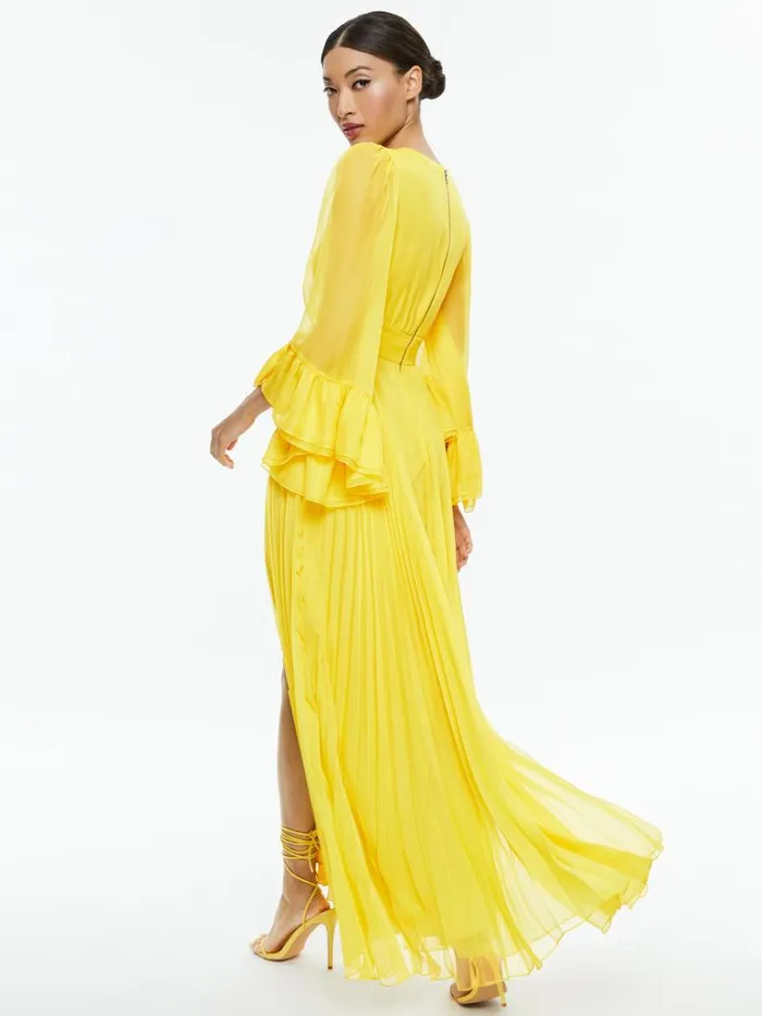 Alice Olivia SELENE DEEP V NECK PLEATED MAXI DRESS Happy Yellow Women Dresses