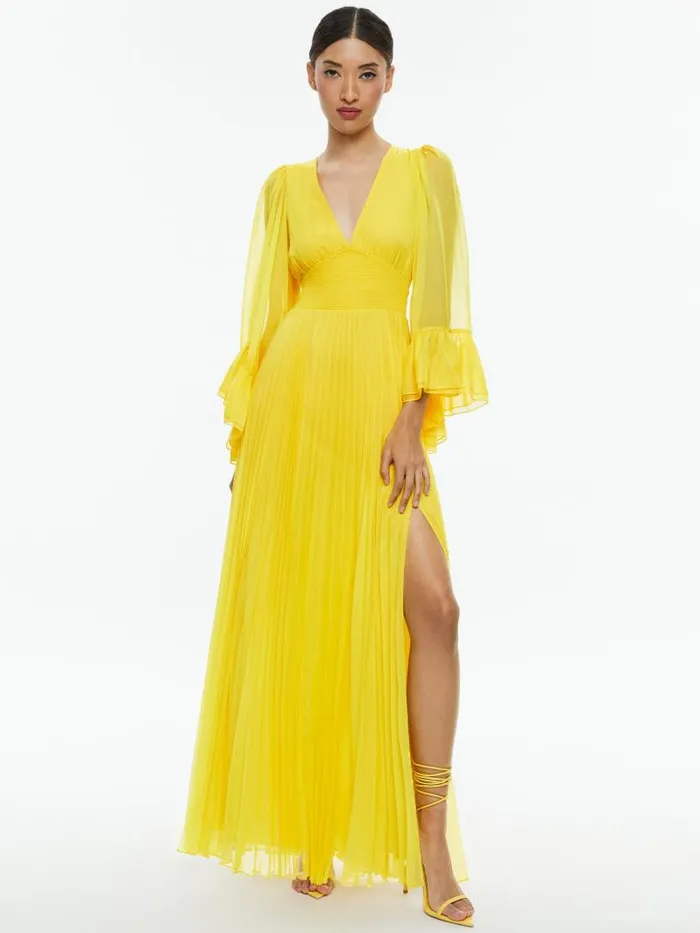 Alice Olivia SELENE DEEP V NECK PLEATED MAXI DRESS Happy Yellow Women Dresses