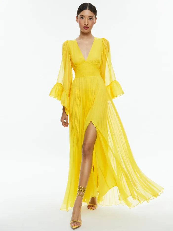 Alice Olivia SELENE DEEP V NECK PLEATED MAXI DRESS Happy Yellow Women Dresses