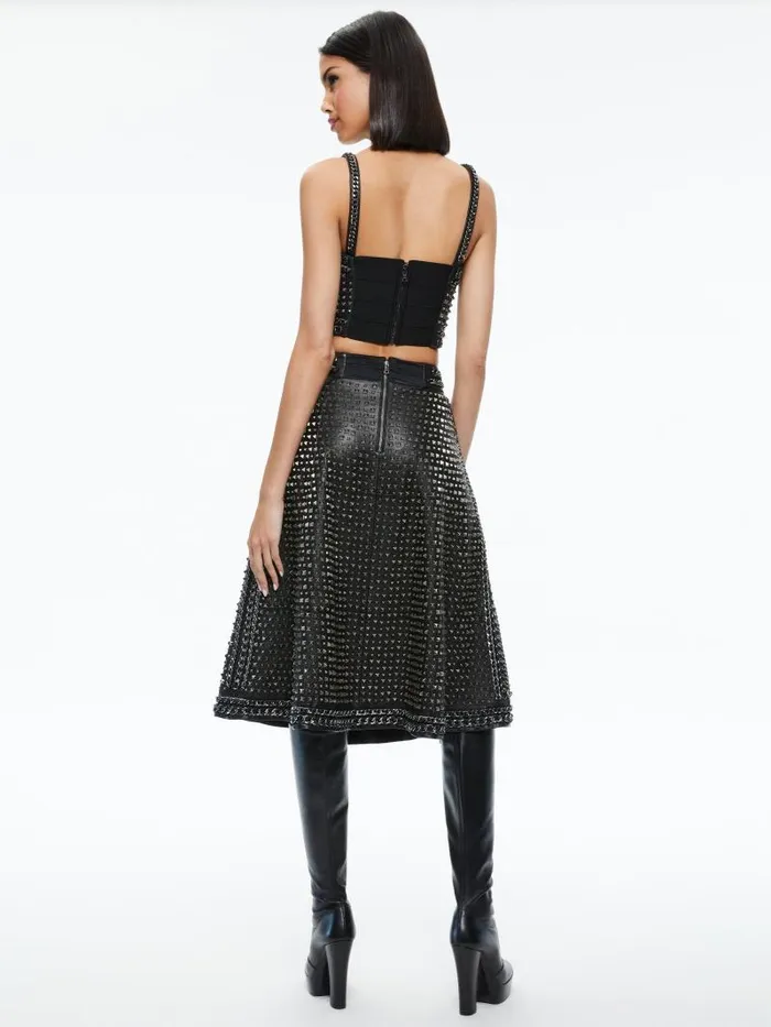 Alice Olivia SOSIE STUDDED LEATHER MIDI SKIRT Black Women Skirts