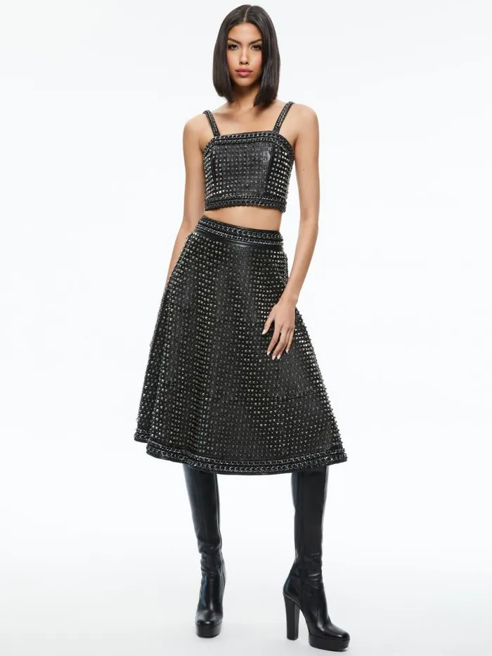 Alice Olivia SOSIE STUDDED LEATHER MIDI SKIRT Black Women Skirts