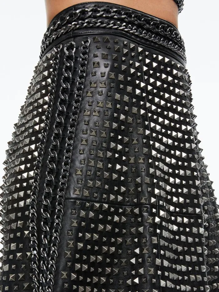 Alice Olivia SOSIE STUDDED LEATHER MIDI SKIRT Black Women Skirts