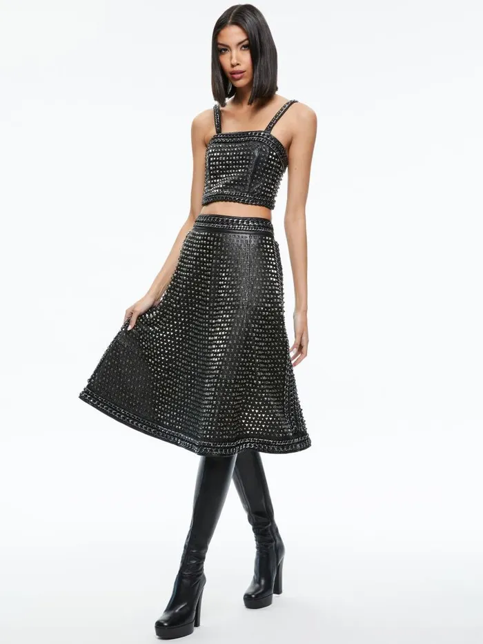 Alice Olivia SOSIE STUDDED LEATHER MIDI SKIRT Black Women Skirts
