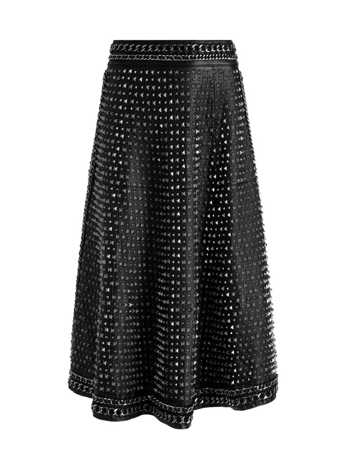 Alice Olivia SOSIE STUDDED LEATHER MIDI SKIRT Black Women Skirts