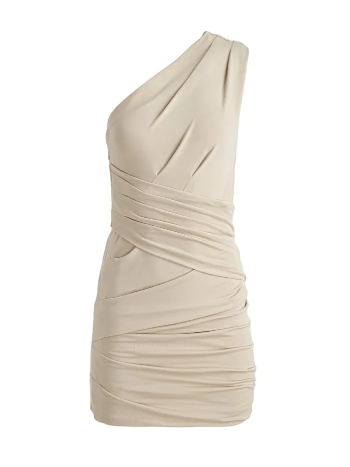 Alice Olivia TAYA ASYMMETRIC DRAPED MINI DRESS Almond Women Dresses