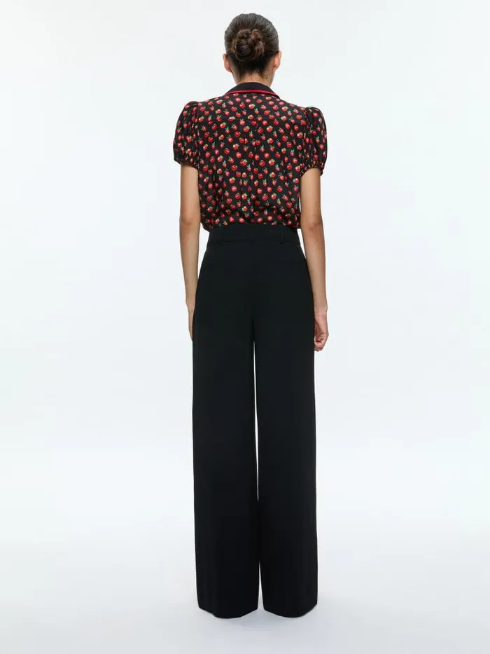 Alice Olivia WILLA EMBROIDERED PUFF SLEEVE BLOUSE Pink Lady Apple Women Tops