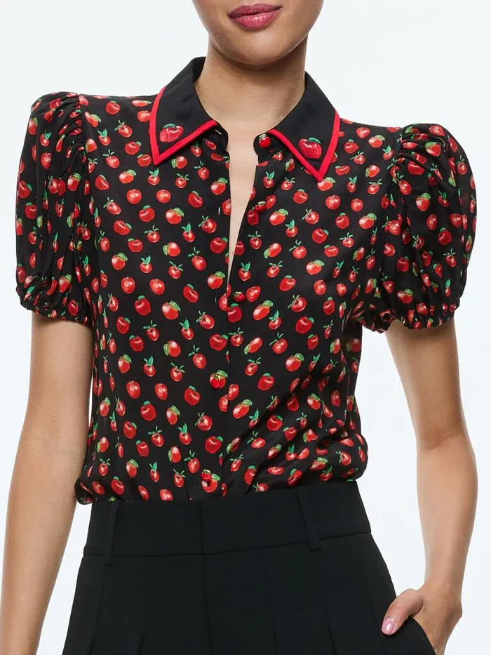 Alice Olivia WILLA EMBROIDERED PUFF SLEEVE BLOUSE Pink Lady Apple Women Tops