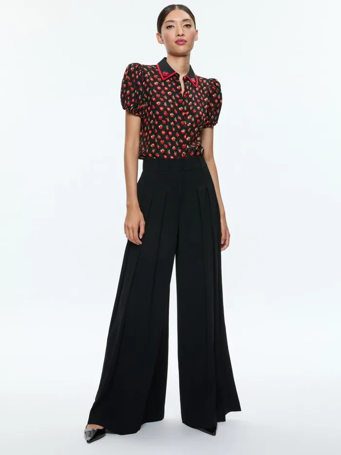 Alice Olivia WILLA EMBROIDERED PUFF SLEEVE BLOUSE Pink Lady Apple Women Tops