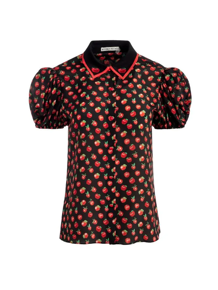Alice Olivia WILLA EMBROIDERED PUFF SLEEVE BLOUSE Pink Lady Apple Women Tops
