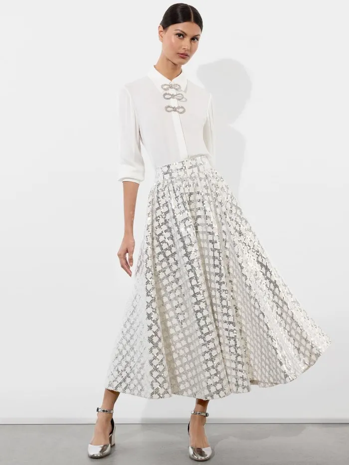 Alice Olivia WILLA PLACKET TOP WITH EMBELLISHED BOW DETAIL Black Women Tops