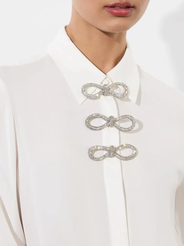 Alice Olivia WILLA PLACKET TOP WITH EMBELLISHED BOW DETAIL Black Women Tops
